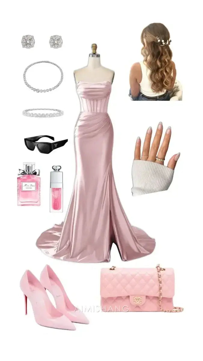 Aimishang Mermaid Strapless Pleated Sleeveless Satin Long Formal Prom Dress Elegant Party Evening Gown Charming Graduation Dress No With Accessories