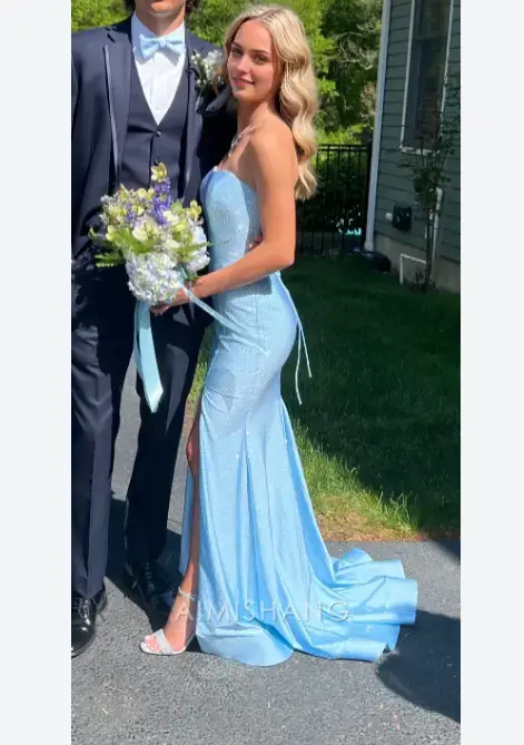 Aimishang Light Blue Mermaid Strapless Sleeveless Beaded Long Formal Prom Dress Charming Graduation Dress Elegant Evening Party Dress