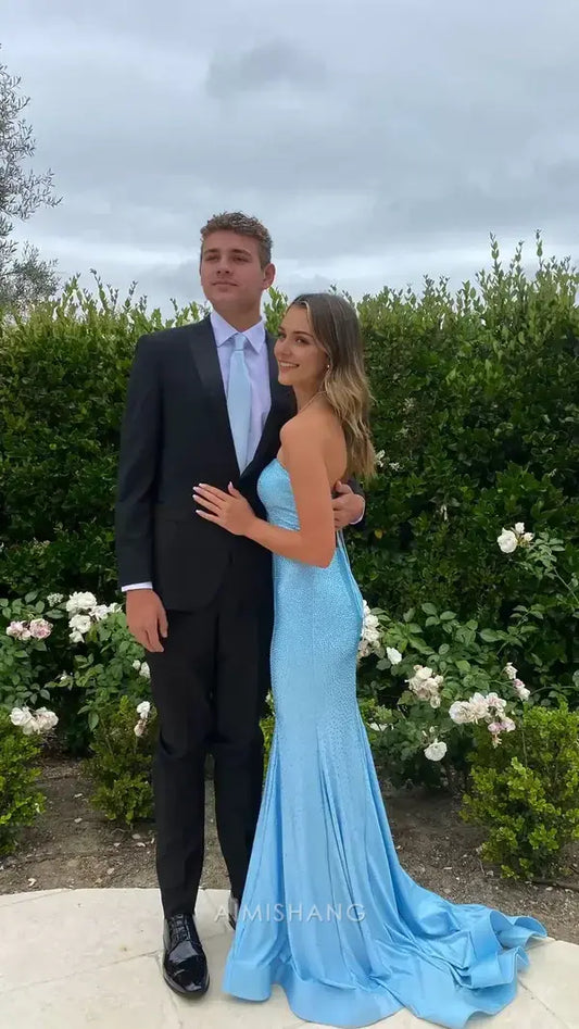 Aimishang Mermaid Strapless Sleeveless Light Blue Beaded Long Formal Prom Dress Charming Graduation Dress Elegant Evening Party Dress