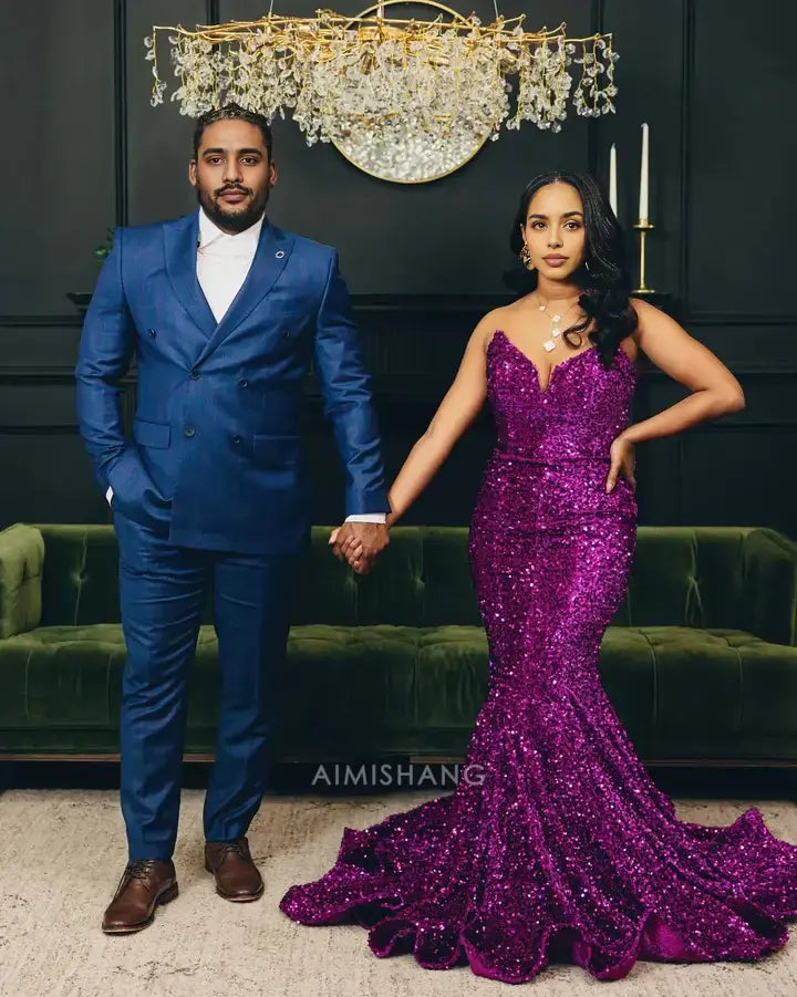 Aimishang Mermaid Strapless Sleeveless Purple Sequin Long Formal Prom Dress With Slit Sexy Party Evening Gown Charming Graduation Dress