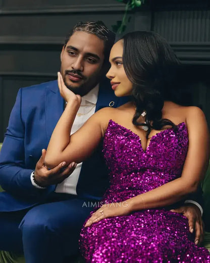 Aimishang Mermaid Strapless Sleeveless Purple Sequin Long Formal Prom Dress With Slit Sexy Party Evening Gown Charming Graduation Dress