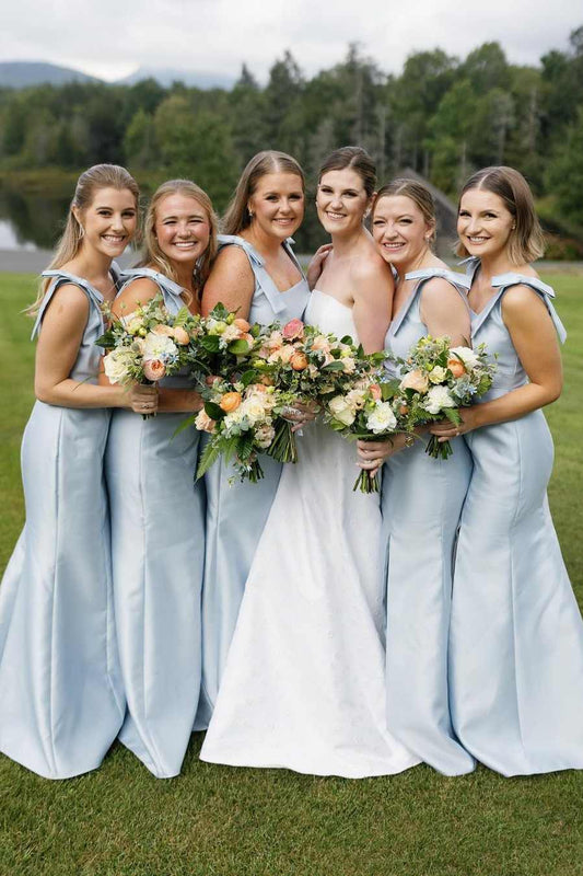 Aimishang Mermaid Straps Bows Pleats Satin Sleeveless Long Bridesmaid Dress with Slit Elegant Evening Party Dress