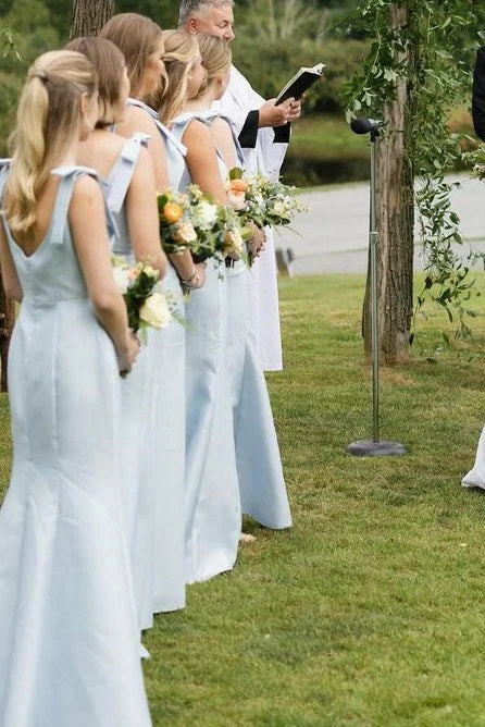 Aimishang Mermaid Straps Bows Pleats Satin Sleeveless Long Bridesmaid Dress with Slit Elegant Evening Party Dress