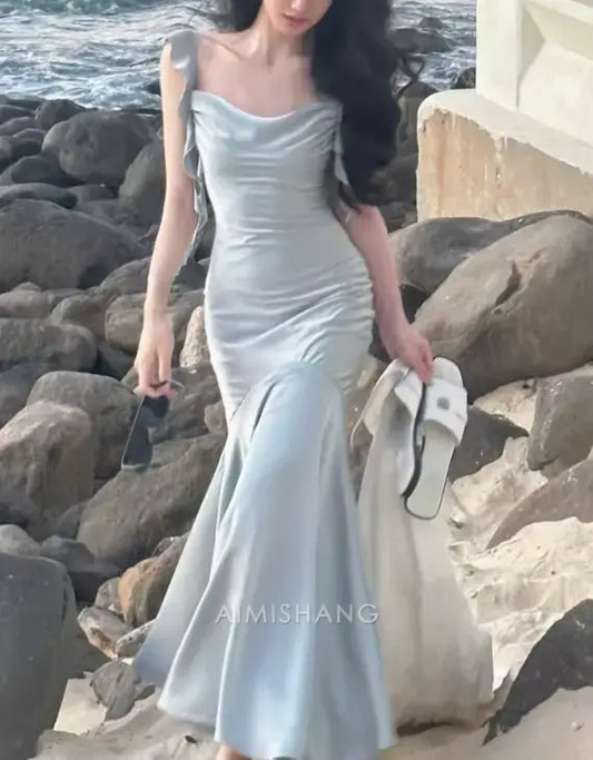 Aimishang Blue Mermaid Stylish Ruffled Sleeveless Formal Prom Dress Lovely Graduation Dress Elegant Evening Party Dress