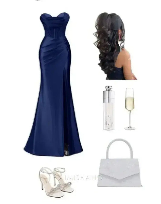 Aimishang Mermaid Sweetheart Pleated Satin Long Formal Prom Dress With Slit Elegant Party Evening Gown Charming Graduation Dress No With Accessories