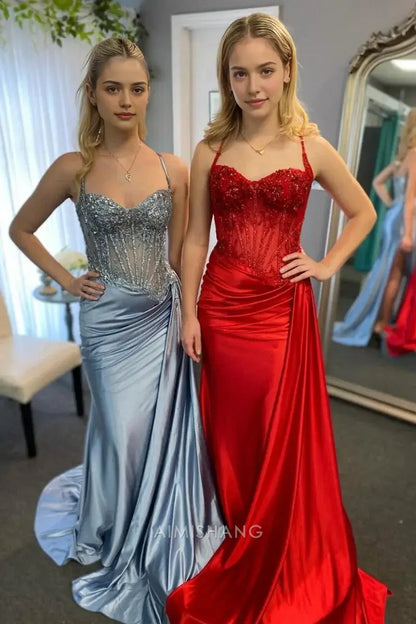 Aimishang Mermaid Sweetheart Spaghetti Straps Long Formal Prom Dress Charming Evening Gown Sexy Party Dress with Appliques And Slit