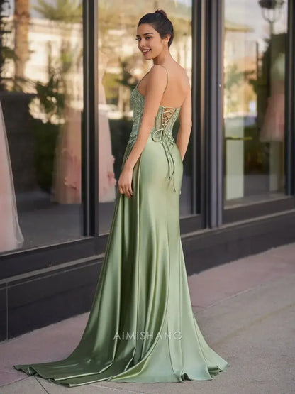Aimishang Mermaid Sweetheart Spaghetti Straps Long Formal Prom Dress Charming Evening Gown Sexy Party Dress with Appliques And Slit