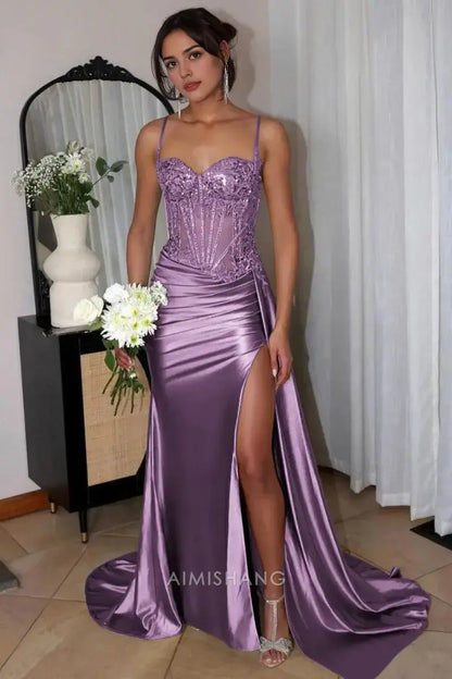 Aimishang Mermaid Sweetheart Spaghetti Straps Long Formal Prom Dress Charming Evening Gown Sexy Party Dress with Appliques And Slit