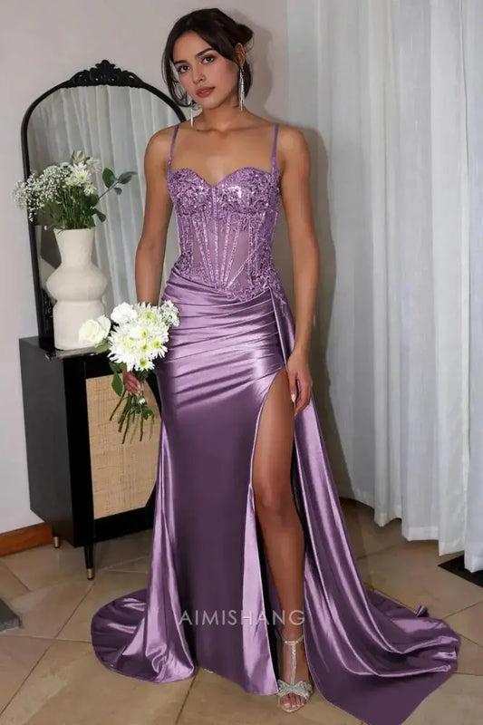 Aimishang Mermaid Sweetheart Spaghetti Straps Long Formal Prom Dress Charming Evening Gown Sexy Party Dress with Appliques And Slit