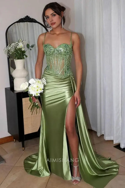 Aimishang Mermaid Sweetheart Spaghetti Straps Long Formal Prom Dress Charming Evening Gown Sexy Party Dress with Appliques And Slit