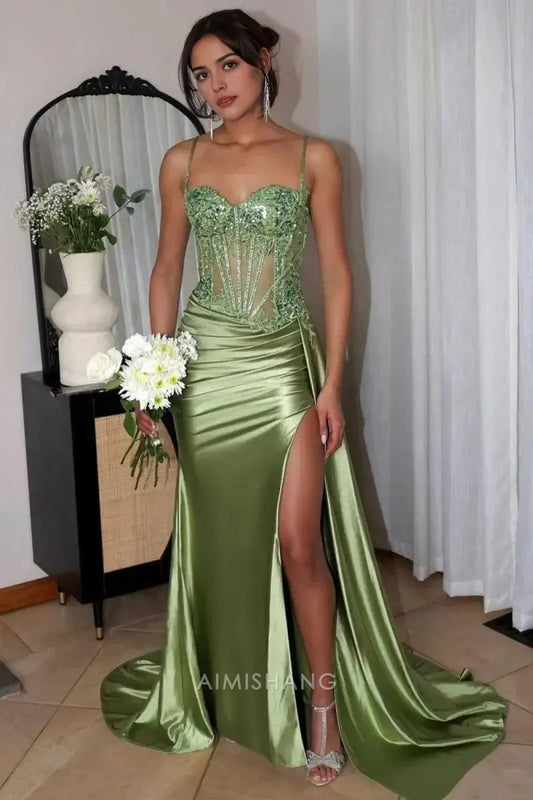 Aimishang Mermaid Sweetheart Spaghetti Straps Long Formal Prom Dress Charming Evening Gown Sexy Party Dress with Appliques