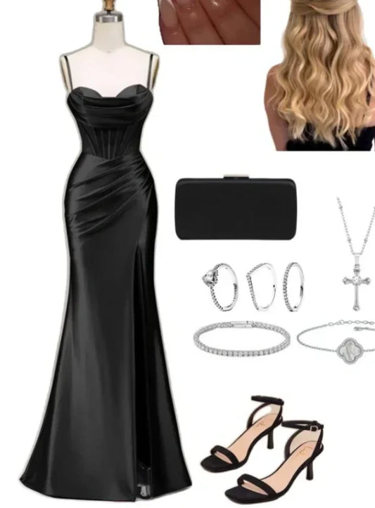 Aimishang Mermaid Spaghetti Straps Black Satin Long Formal Prom Dress With Slit Elegant Party Evening Gown Charming Graduation Dress No With Accessories