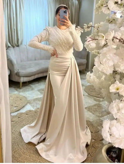 Aimishang Mermaid / Trumpet Evening Gown Elegant Dress Formal Floor Length Long Sleeve Jewel Neck Fall Wedding Guest Satin with Feather Ruched Overskirt