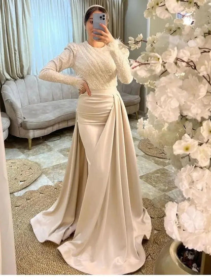 Aimishang Mermaid / Trumpet Evening Gown Elegant Dress Formal Floor Length Long Sleeve Jewel Neck Fall Wedding Guest Satin with Feather Ruched Overskirt