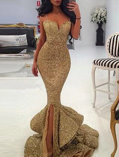 Aimishang Mermaid / Trumpet Evening Gown Sexy Dress Wedding Guest Formal Evening Court Train Sleeveless Sweetheart Sequined with Ruffles Slit