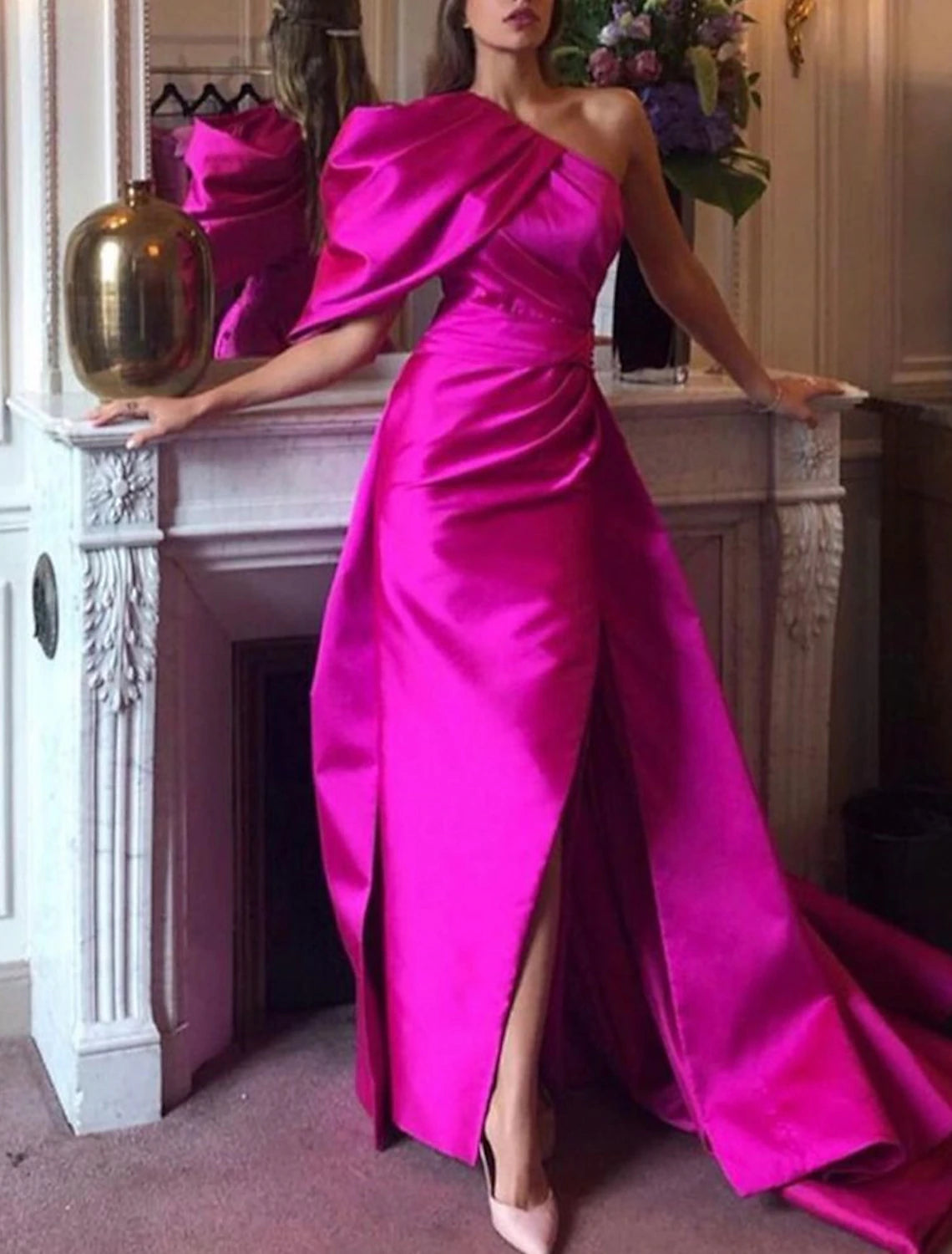 Aimishang Mermaid / Trumpet Evening Gown Sexy Prom Dress Summer Court Train One Shoulder Fall Wedding Reception Satin with Ruched Slit
