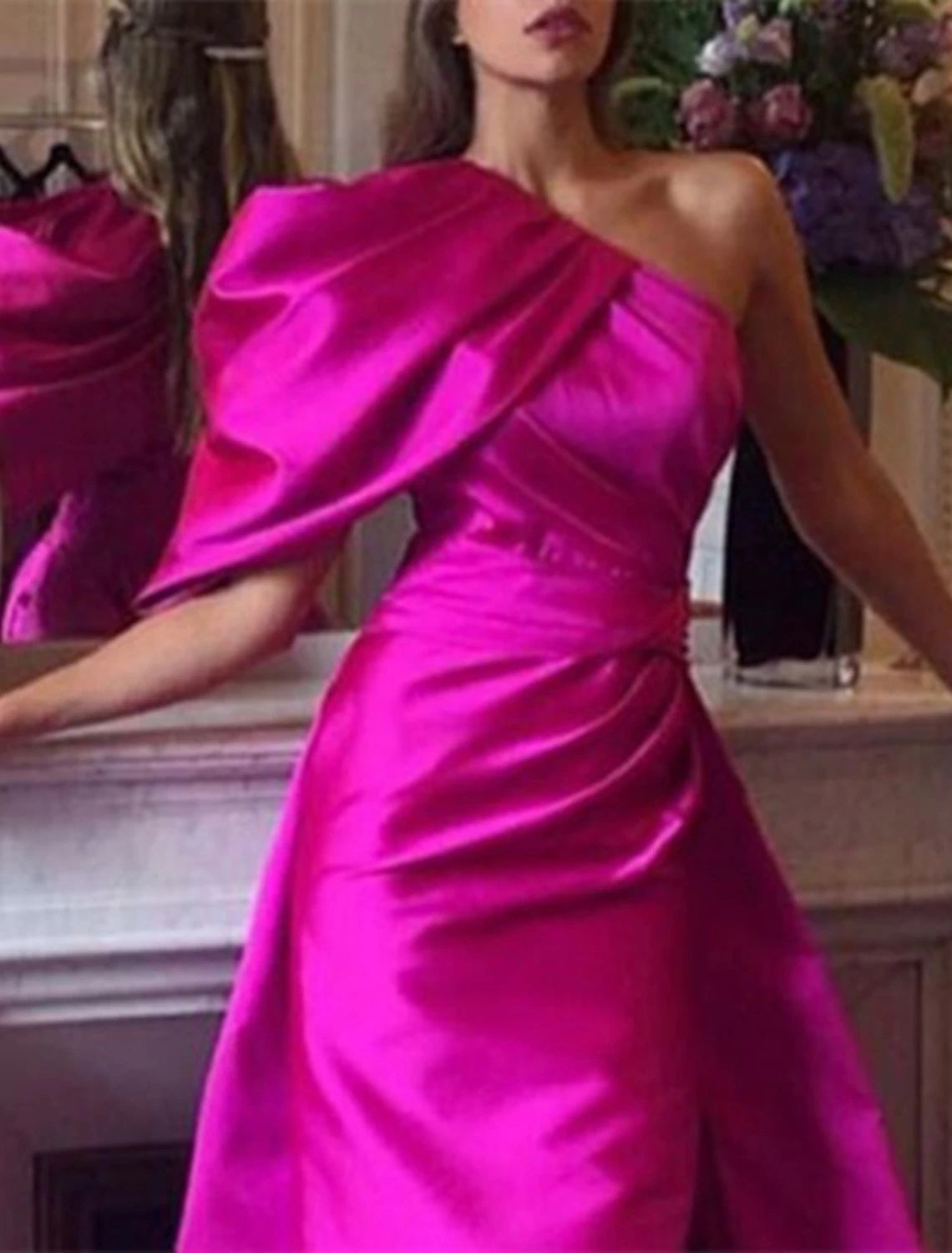 Aimishang Mermaid / Trumpet Evening Gown Sexy Prom Dress Summer Court Train One Shoulder Fall Wedding Reception Satin with Ruched Slit