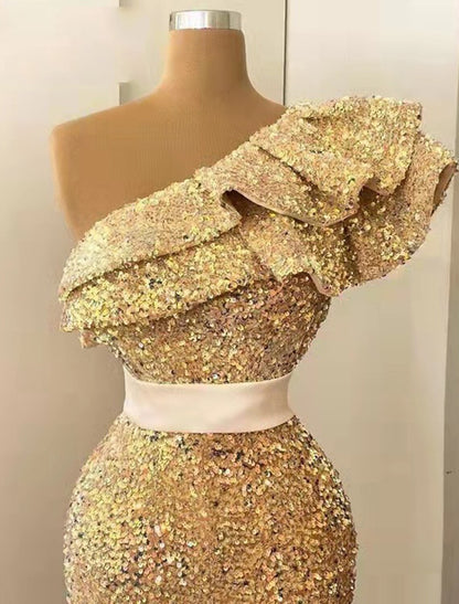 Aimishang Mermaid / Trumpet Long Prom Dress Evening Dress Sparkle & Shine One Shoulder Wedding Guest Dress with Sequin Ruffles