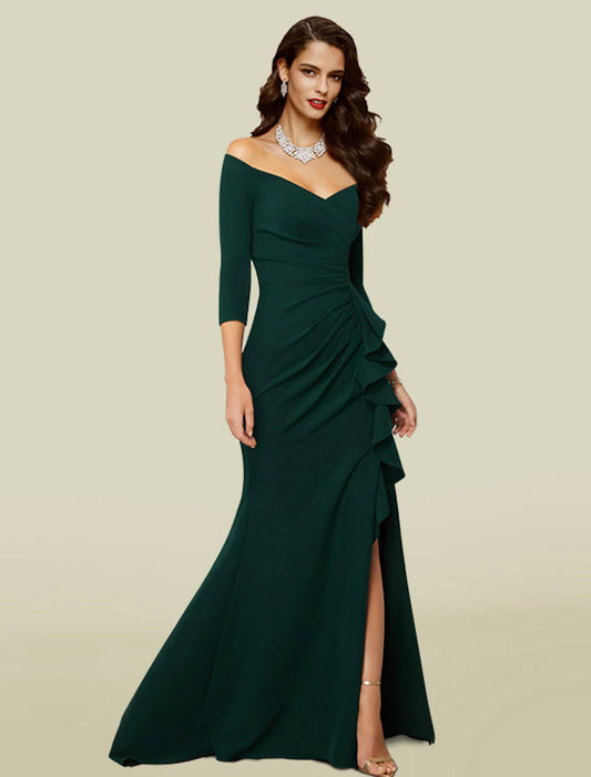 Aimishang Mermaid / Trumpet Mother of the Bride Dress Wedding Guest Elegant Sexy Off Shoulder V Neck Court Train 3/4 Length Sleeve with Draping Split Front