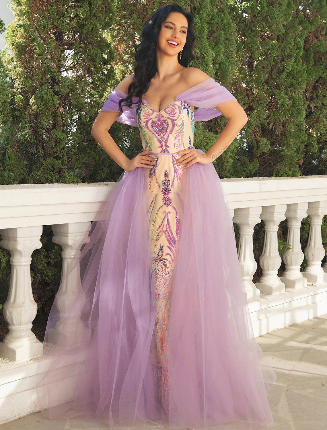 Aimishang Mermaid / Trumpet Prom Dresses Luxurious Dress Wedding Party Floor Length Short Sleeve V Neck Detachable Tulle with Overskirt