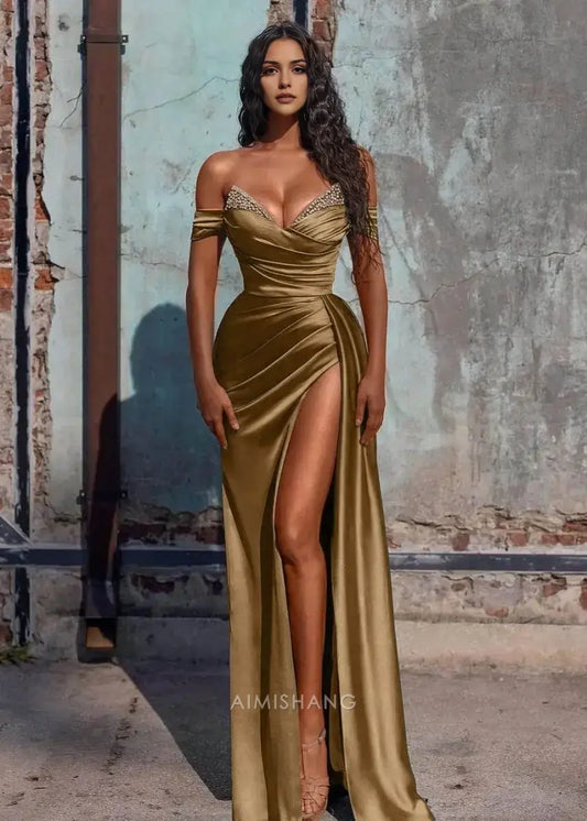Aimishang Mermaid V Neck Off the Shoulder Long Formal Prom Dress Charming Evening Gown Sexy Party Dress with Slit