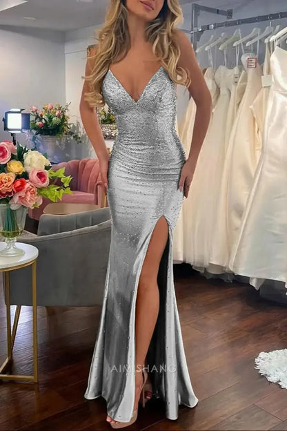 Aimishang Mermaid V Neck Sleeveless Long Formal Prom Dress With Slit Charming Evening Gown Sexy Party Dress