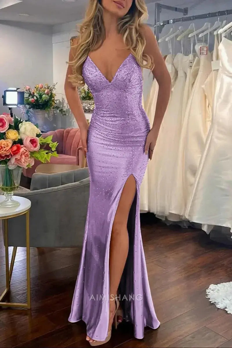 Aimishang Mermaid V Neck Sleeveless Long Formal Prom Dress With Slit Charming Evening Gown Sexy Party Dress