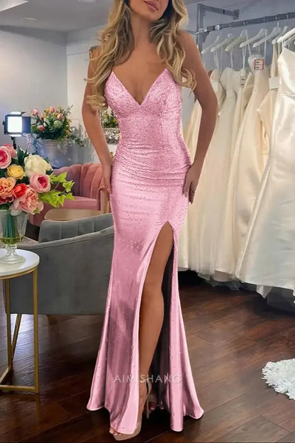 Aimishang Mermaid V Neck Sleeveless Long Formal Prom Dress With Slit Charming Evening Gown Sexy Party Dress
