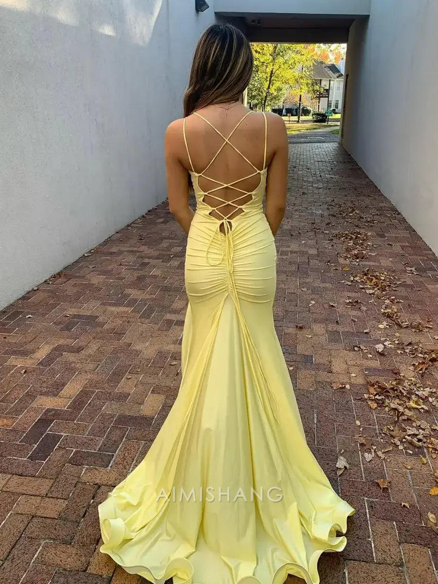 Aimishang Mermaid Yellow Spaghetti Straps Long Formal Prom Dress With Slit Elegant Sleeveless Party Evening Gowns Sexy Graduation Dress