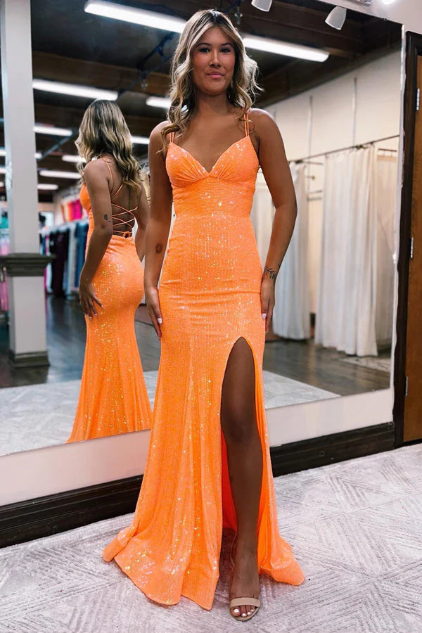 Wholesale Sparkly Orange Sequins Evening Dress Mermaid Long Prom Dress