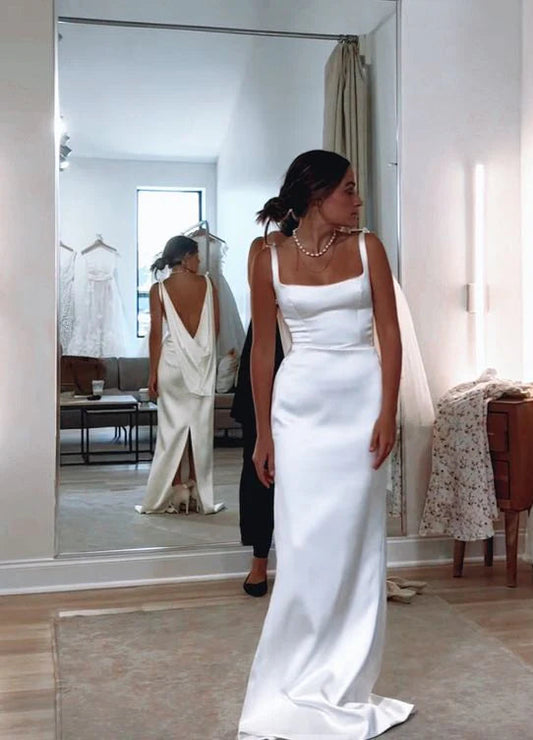 Aimishang Modern Sheath Straps Backless Long Wedding Dress Simple Party Dress Elegant Formal Bridal Gown