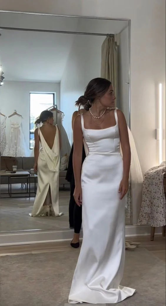 Aimishang Modern Sheath Straps Backless Long Wedding Dress Simple Party Dress Elegant Formal Bridal Gown