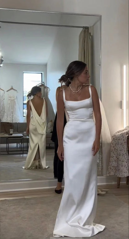 Aimishang Modern Sheath Straps Backless Long Wedding Dress Simple Party Dress Elegant Formal Bridal Gown