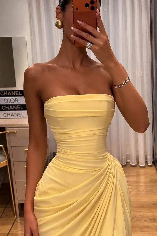 Aimishang Modern Strapless Sleeveless Pleated Long Prom Dress With Slit Elegant Evening Party Dress