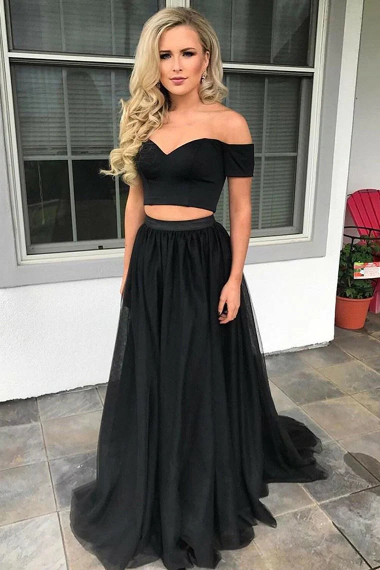 Wholesale A-Line Prom Dresses Modest Off The Shoulder Two Piece Simple