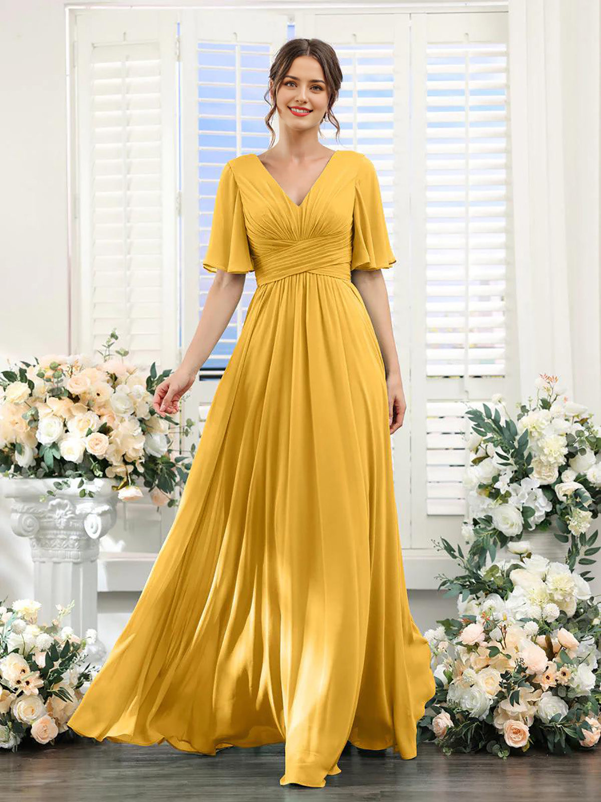 Wholesale A-Line Bridesmaid Dress for Wedding Guest V-Neck Sleeve Long Chiffon Formal Party Dresses with Slit