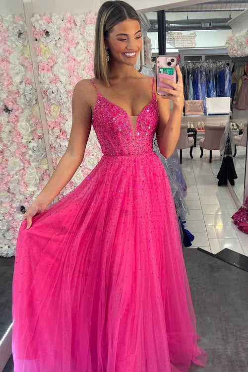 Wholesale Fashion Straps Evening Dress Neon Pink Beaded A-Line Long Formal Dress