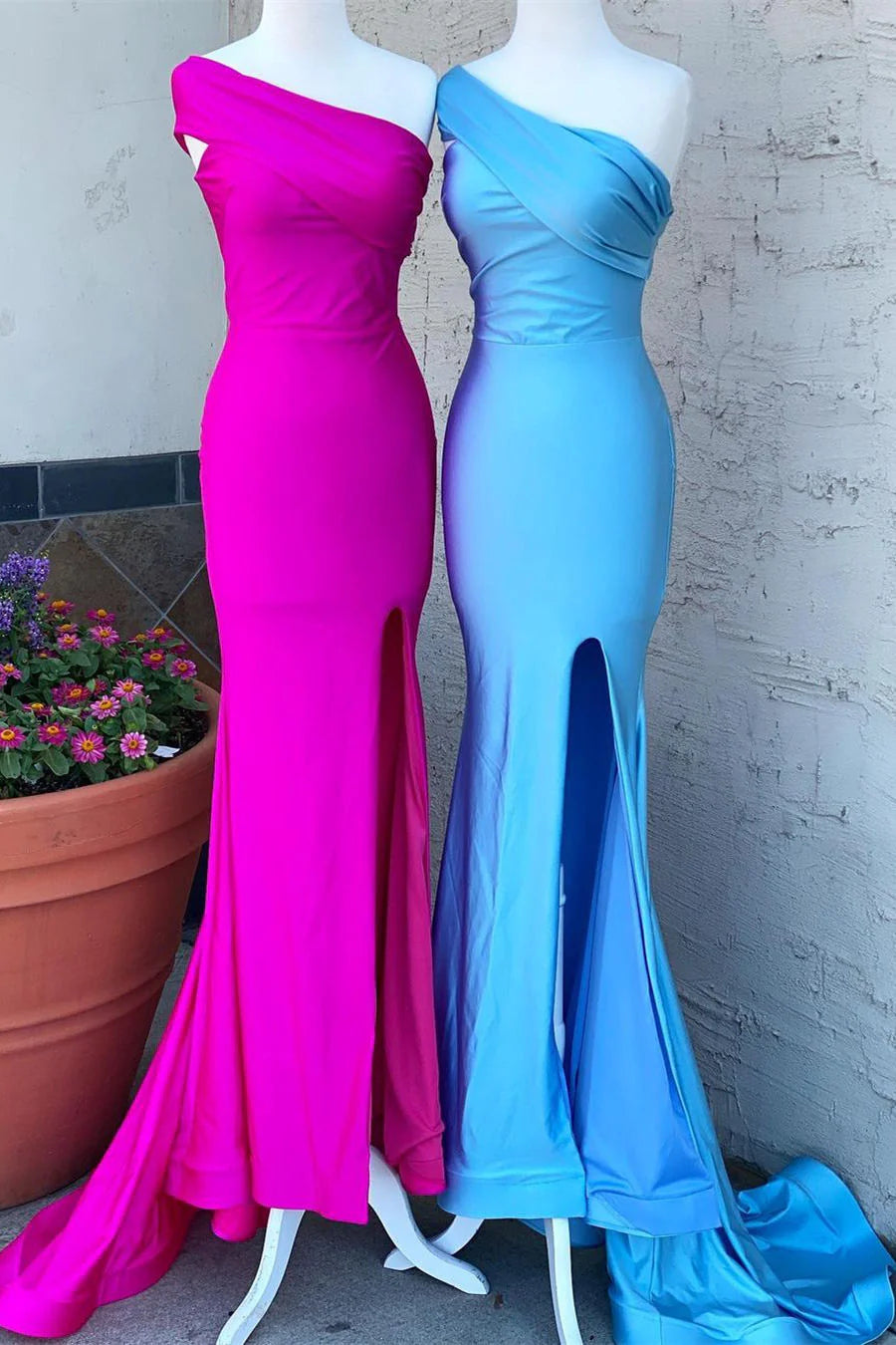 Wholesale Prom Dress Navy Blue One Shoulder Mermaid High Slit Formal Dress