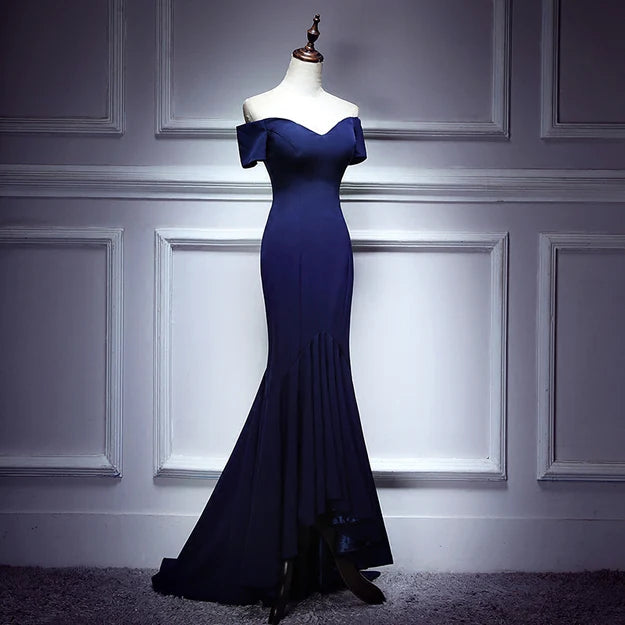 Navy Blue Mermaid Sweetheart Long Evening Dress Prom Dresses Off Shoulder Solid Color Wholesale