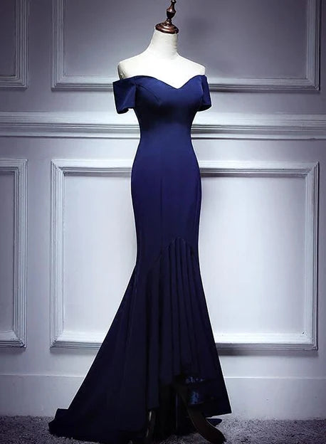 Navy Blue Mermaid Sweetheart Long Evening Dress Prom Dresses Off Shoulder Solid Color Wholesale