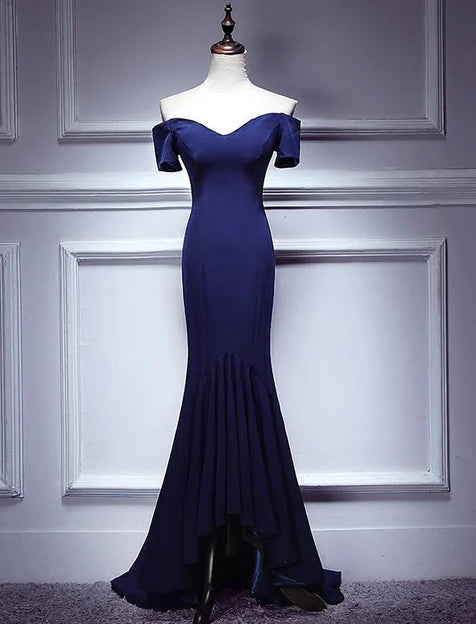 Navy Blue Mermaid Sweetheart Long Evening Dress Prom Dresses Off Shoulder Solid Color Wholesale