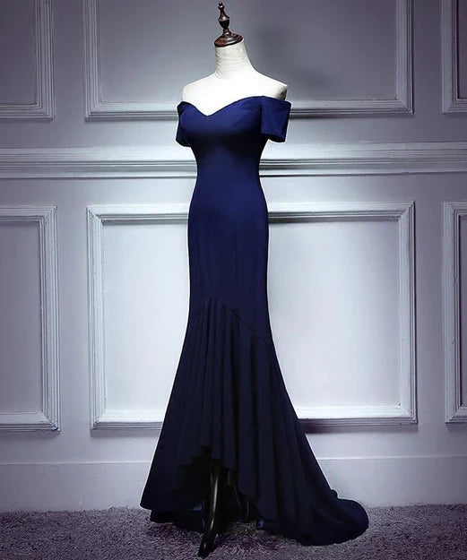 Navy Blue Mermaid Sweetheart Long Evening Dress Prom Dresses Off Shoulder Solid Color Wholesale