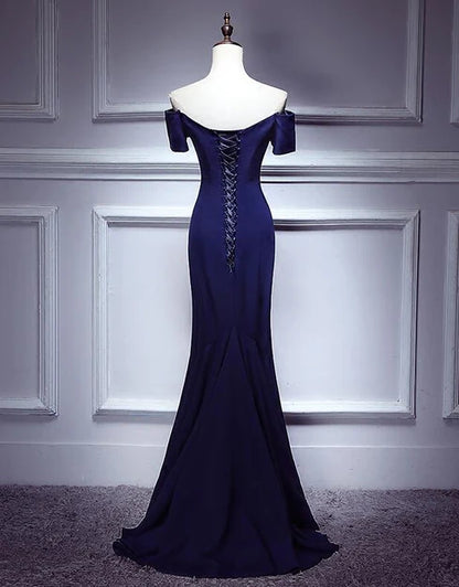 Navy Blue Mermaid Sweetheart Long Evening Dress Prom Dresses Off Shoulder Solid Color Wholesale