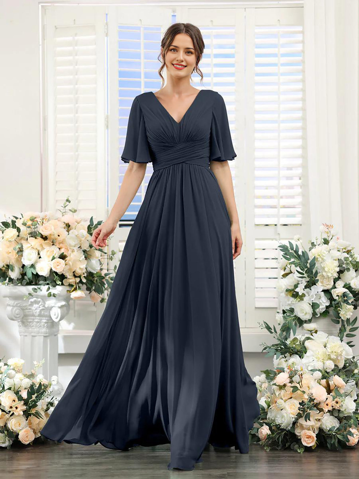 Wholesale A-Line Bridesmaid Dress for Wedding Guest V-Neck Sleeve Long Chiffon Formal Party Dresses with Slit