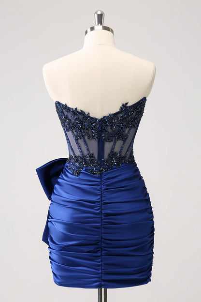 Aimishang Navy Sheath Homecoming Dress Strapless Sleeveless Pleated Short Prom Dress with Bow