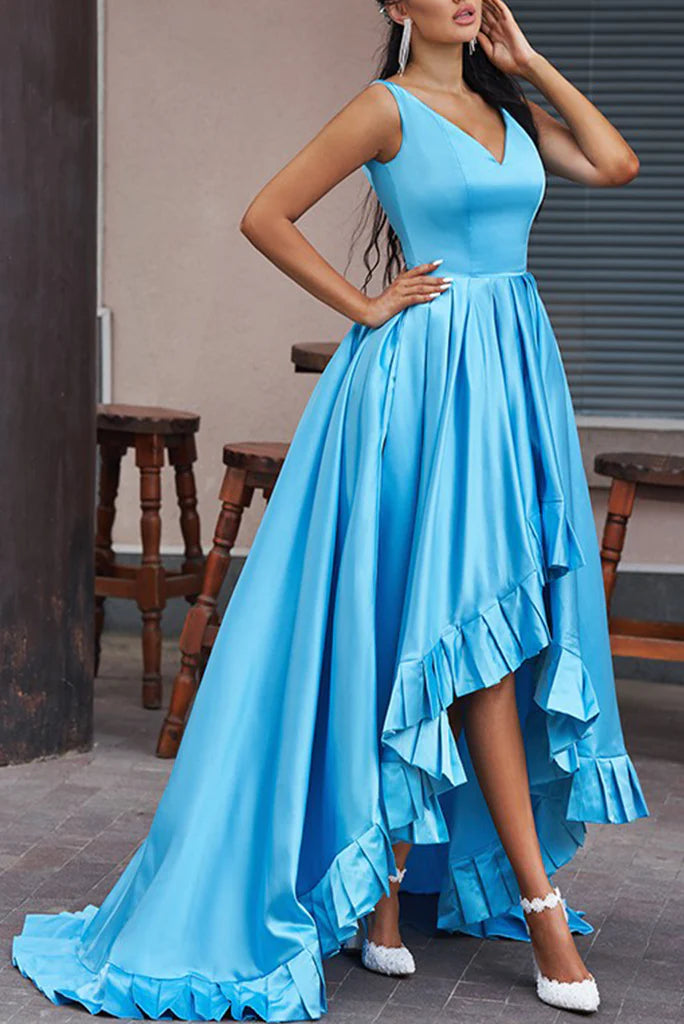 Wholesale A Line Asymmetrical Straps V Neck Satin Prom Dresses