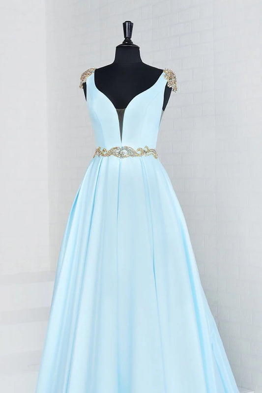 Wholesale A Line Prom Dress V Neck Satin With Beads