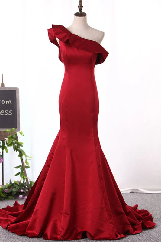 Wholesale Evening Dresses Satin One Shoulder Mermaid Sweep Train