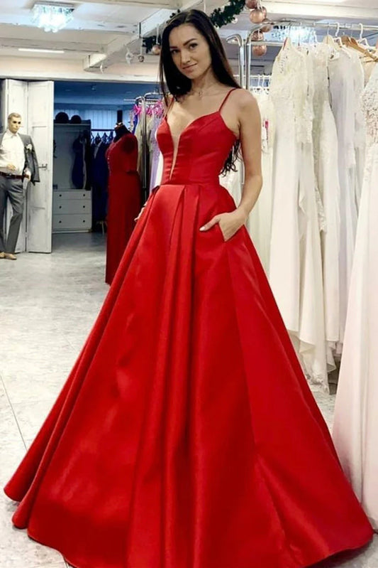 Wholesale A Line Satin Prom Dresses V Neck Open Back