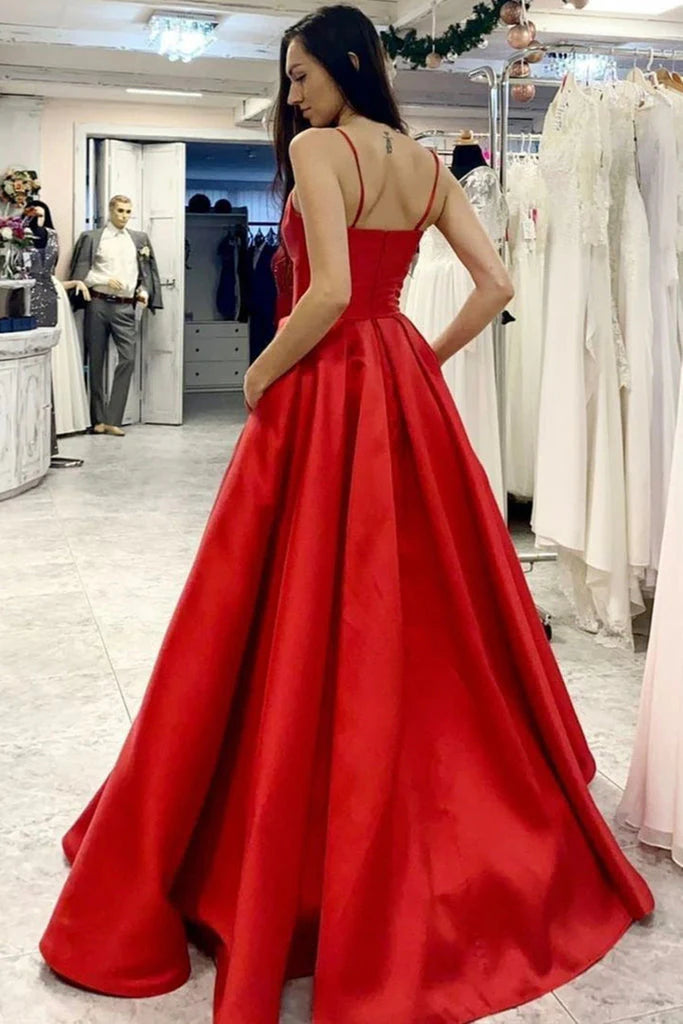 Wholesale A Line Satin Prom Dresses V Neck Open Back